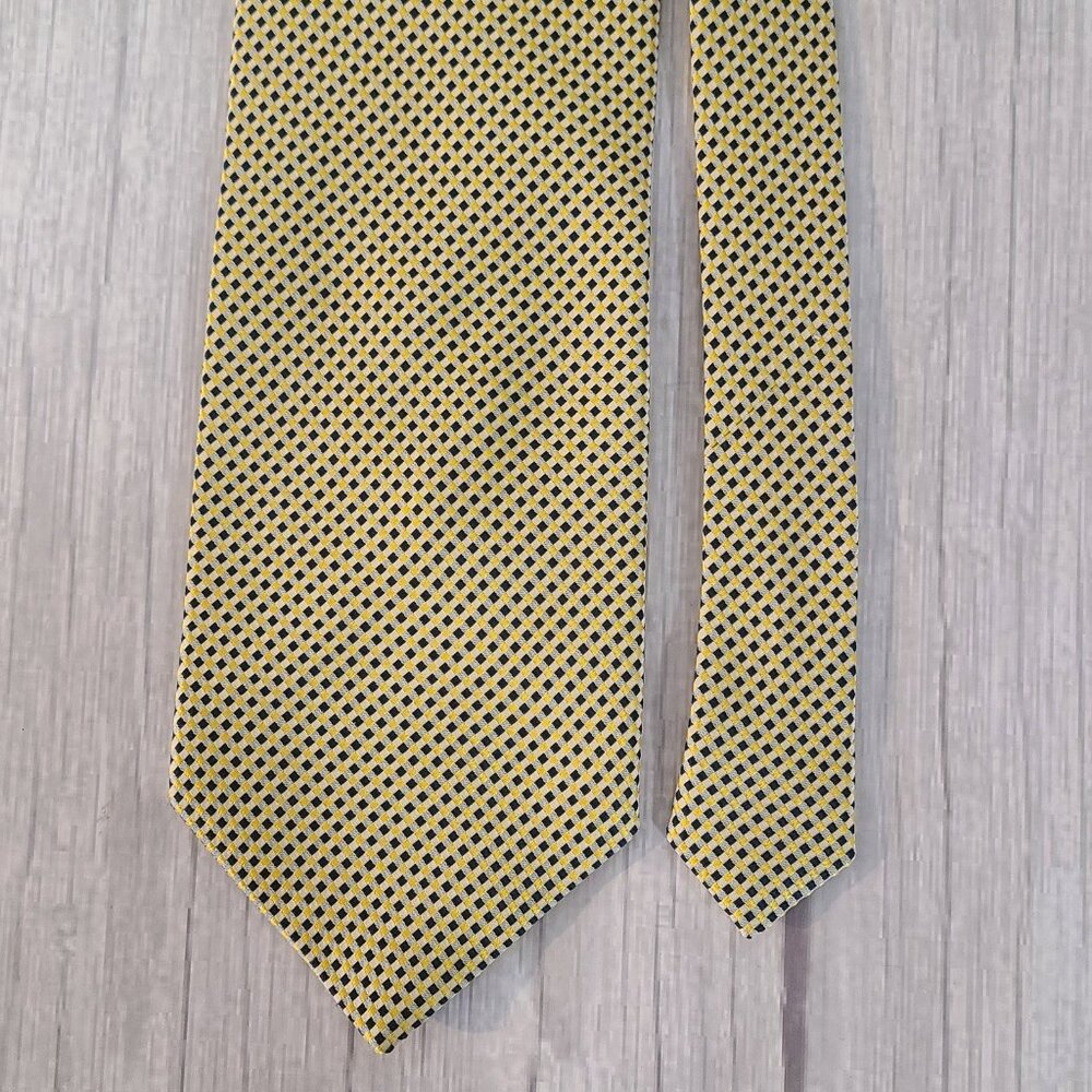 Ermenegildo Zegna Silk Necktie Yellow Navy Blue Tile Print Italy